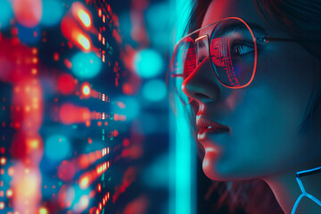 Software, coding hologram and woman on tablet thinking of data analytics, digital technology and night overlay. Programmer or IT person in glasses on 3d screen, programming and cybersecurity research