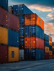 Fototapeta premium Stacked cargo containers at a bustling shipping port under a vibrant sunset sky