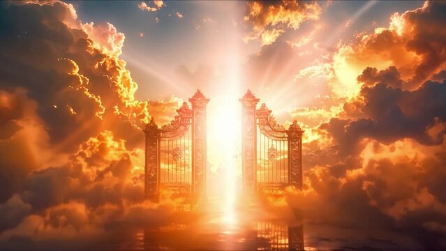 Golden gates shining in heavenly light evoking a spiritual atmosphere. Concept Golden Gates, Spiritual Light, Heavenly Atmosphere