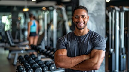 Fitness Trainer Smiling in Gym with Dumbbells, Diverse Trainer, Health and Wellness Promotion, Professional Athlete, Strength Training Coach