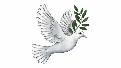 Obraz premium A white dove carrying an olive branch isolated on white background