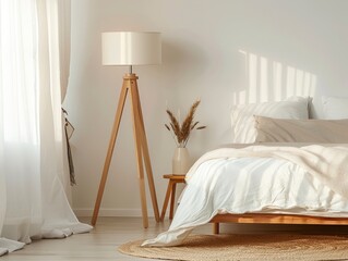 Mid-Century Modern Bedroom With A Tripod Night Lamp And Clean, Minimalist Design, Natural Colors, Minimalist, Bright Background