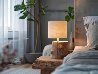 Nature-Inspired Bedroom With A Wood And Stone Night Lamp, Natural Colors, Minimalist, Bright Background