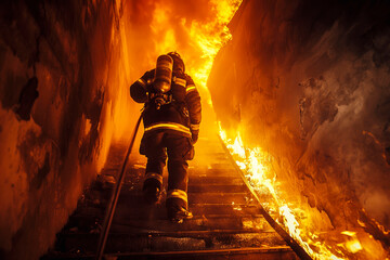 Fototapeta premium Strong and brave Firefighter Going Up The Stairs in Burning Building. Stairs Burn With Open Flames.