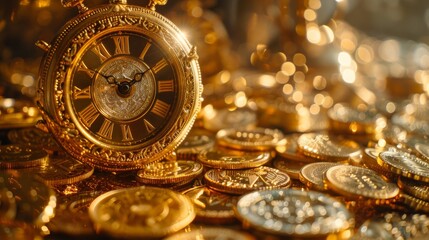 A gold pocket watch sits on a pile of gold coins