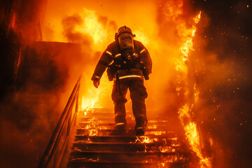 Naklejka premium Strong and brave Firefighter Going Up The Stairs in Burning Building. Stairs Burn With Open Flames.