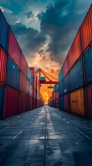 Fototapeta premium Sunset at the Bustling Shipping Container Port Facility
