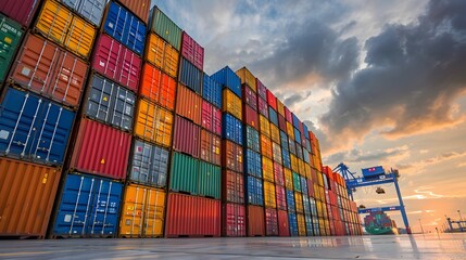 Fototapeta premium Colorful Stacked Shipping Containers at Sunset Panoramic Seaport Landscape