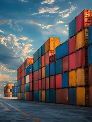 Colorful Cargo Containers Stacked in Bustling Shipping Port