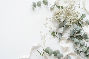 Fototapeta premium Styled stock photo. Feminine wedding desktop mockup with baby's breath Gypsophila flowers, dry green eucalyptus leaves, satin ribbon and white background. Empty space. Top view. Picture for blog.