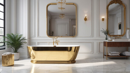 Luxe Bathing Haven: Gold-Trimmed Mirrors, Freestanding Bathtubs, Pampered Bliss, Generative AI