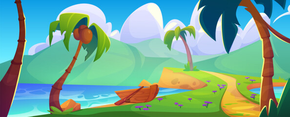 Tropical lagoon landscape with coconuts on palm trees, pathway along sea or ocean shore, boat on beach, calm blue water, mountains and sunny sky with clouds. Cartoon summer vector paradise scenery. © klyaksun