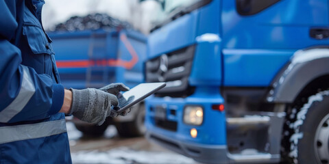 Worker using a tablet near garbage trucks, managing waste collection operations with modern technology in an urban environment, wearing reflective safety gear.