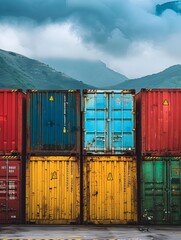 Fototapeta premium Colorful Shipping Containers at the Port Terminal with Dramatic Cloudy Sky