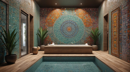 Exquisite Spa Retreat: Mosaic Tiles, Aromatherapy Steam Showers, Indulgent Serenity, Generative AI