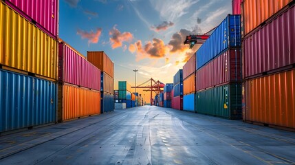Fototapeta premium Colorful Cargo Containers at Sunset in a Bustling Shipping Port Terminal