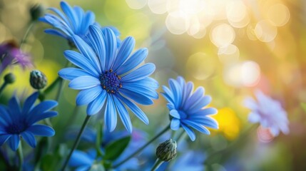 Fototapeta premium Blue daisy flowers basking in the sunlight creating a bright flower background in the garden