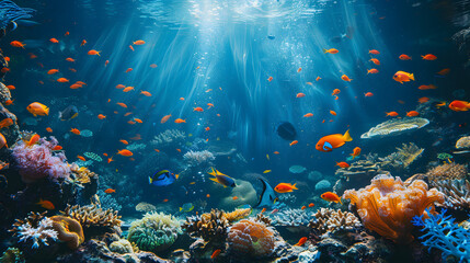 beautiful underwater scenery with various types of fish and coral reefs