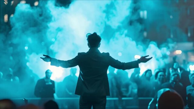 Magician showcasing illusions to a live audience on stage. Concept Magic Tricks, Illusion Show, Live Performance, Stage Entertainment, Audience Participation