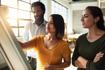 Whiteboard, brainstorming and business people in meeting, mentor and collaboration for project. Group, employees and writing for feedback, ideas and teamwork with information, planning or cooperation