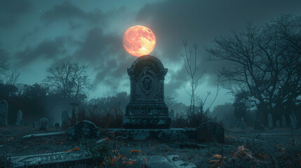 Large Orange Moon Over a Graveyard at Night