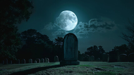 Full Moon Over a Cemetery at Night