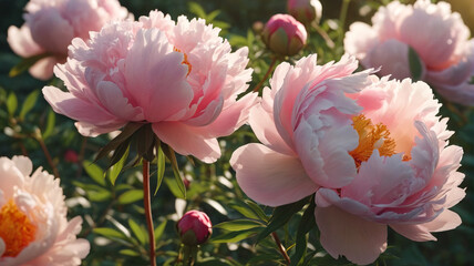 Sunlit Blooms: Blossoming Peonies, Warm Glow, Natural Splendor, Generative AI