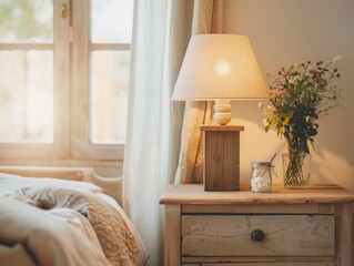 Vintage Farmhouse Bedroom With A Mason Jar Night Lamp And Distressed Wood Furniture, Natural Colors, Minimalist, Bright Background