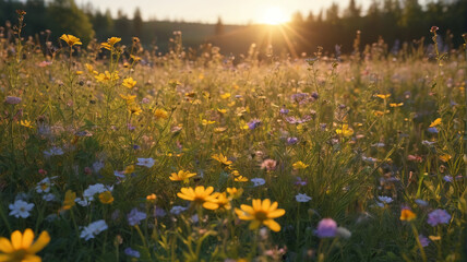 Obraz premium Meadow Magic: Wildflowers Abloom, Golden Hour Glow, Ethereal Beauty, Generative AI