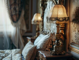 Victorian Bedroom With An Ornate Night Lamp And Luxurious Fabrics, Natural Colors, Minimalist, Bright Background