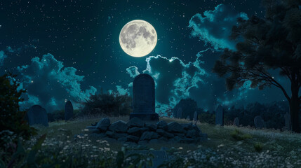 Graveyard Under Full Moon With Starry Night Sky