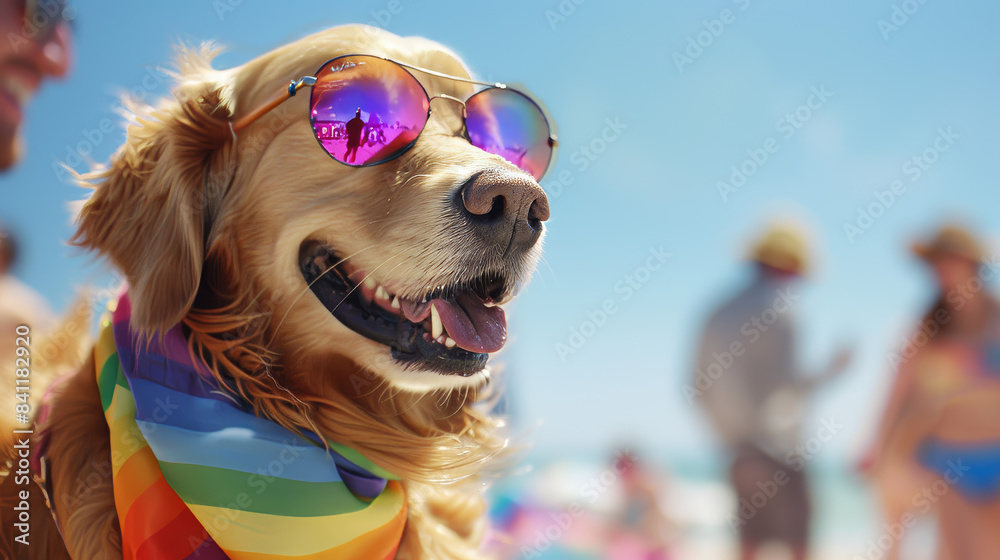 Wall mural golden retriever dog wearing sunglasses and rainbow scarf at the beach