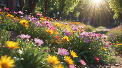 Fototapeta premium Springtime Flourish: Bursting Colors, Soft Sunbeams, Renewed Vitality, Generative AI