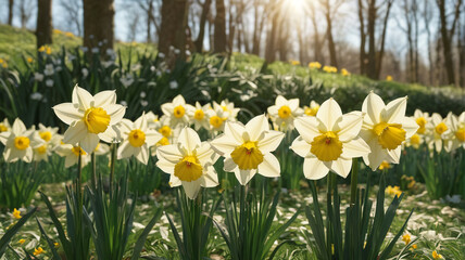 Obraz premium Floral Delight: Sunlit Daffodils, Lush Greenery, Springtime Bliss, Generative AI