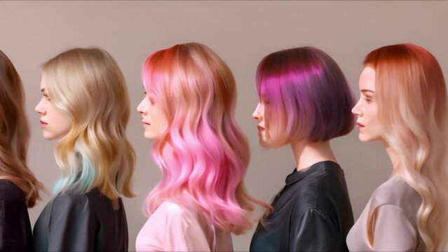 Assortment of womens hairstyles in pink straight wavy and bobcut styles. Concept Women's Hairstyles, Pink Hair, Straight Hair, Wavy Hair, Bobcut
