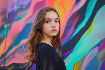 Fototapeta premium Teenage girl posing in front of colourful backdrop.