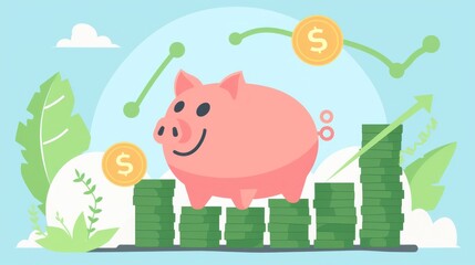 Obraz premium Piggy bank full of coins, bright sky background, upward green graph, flat design, top view, growth theme, cartoon drawing, vivid colors
