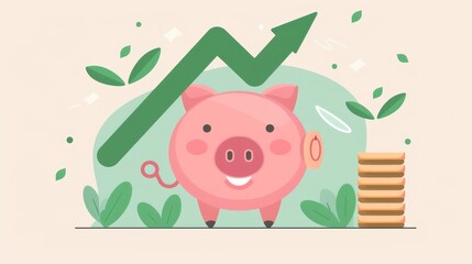 Obraz premium Piggy bank full of coins, large green arrow pointing up, flat design, top view, growth theme, cartoon drawing, vivid colors