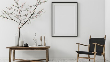 Living room with open book, vase of blossoms, wooden table, black chair, empty poster frame on white wall