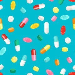 Colorful pills and capsules on blue background. Medication seamless pattern. Vector cartoon flat illustration.