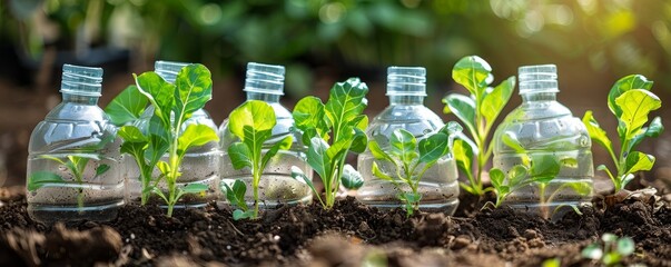 Plastic water bottle used as a planter, green plants sprouting