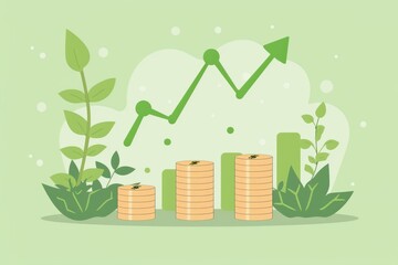 Savings bank, coins, upward green graph, flat design, side view, prosperity theme, animation, colored pastel