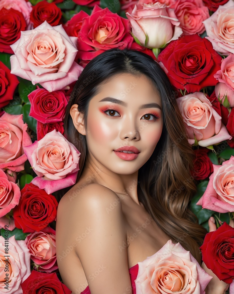 Wall mural pretty asian woman on roses bright background model photoshoot for ad concept marketing smooth skin and beauty products