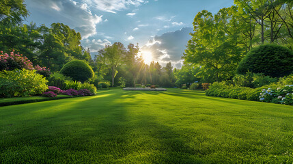 Beautiful wide format image of a manicured country lawn surrounded by trees and shrubs on a bright summer day. Spring summer nature