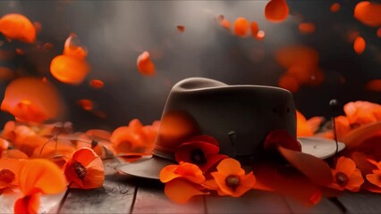 Australian Hat and Red Poppy on Anzac Day Background with Copy Space. Concept Anzac Day Tribute, Australian Traditions, Red Poppy Symbol, Copy Space Background