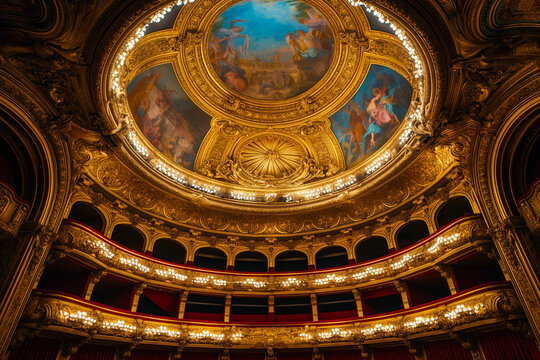 Ornate theater interior with ceiling mural