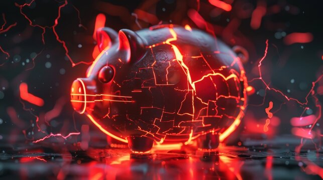 Cracked piggy bank, dim lighting, downward red graph, flat design, top view, loss theme, 3D render, Triadic Color Scheme