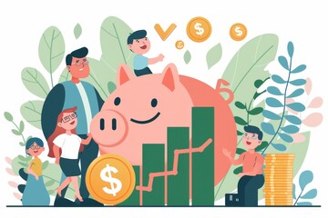 Fototapeta premium Piggy bank full of coins, smiling family in background, upward green graph, flat design, top view, growth theme, cartoon drawing, vivid colors
