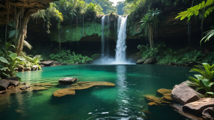 Witnessing the majesty of a waterfall cascading into a hidden emerald pool deep in the jungle, Generative AI