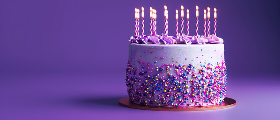 Purple Birthday Cake With Lit Candles on Purple Background
